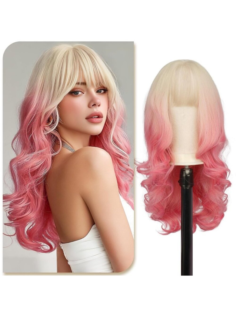 24Inch Women's Blonde Pink Ombre Highlights Natural Looking Synthetic Bangs Wigs